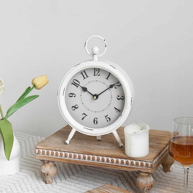 Small white table clock Vintage Rustic White Table Clock on Stand, Decorative Desk and Shelf Clock Farmhouse Mantel Clock Rustic Non-Ticking Clock-Ruum Studio Home
