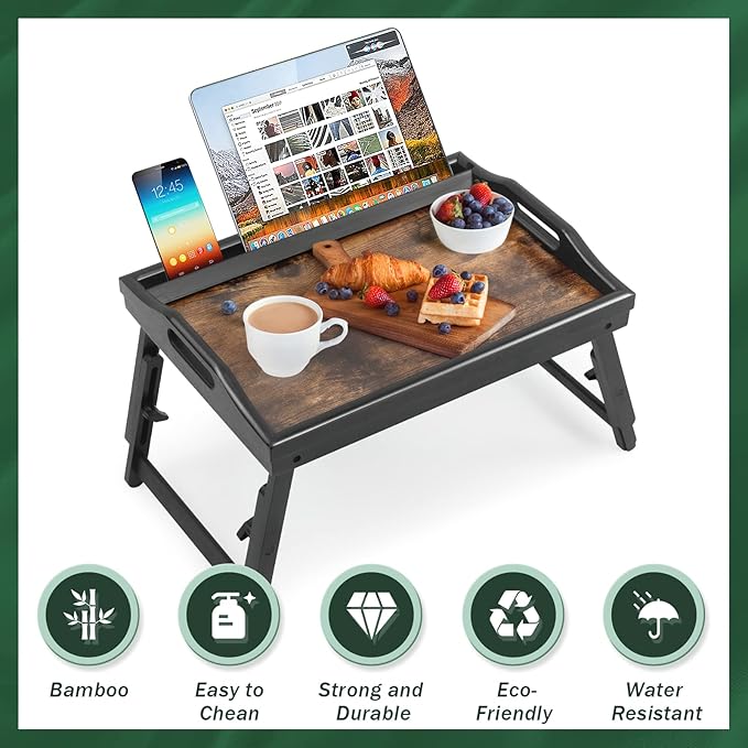 2 Pack Bed Tray Table Breakfast Trays Serving Tray Adjustable Height for Eating Bamboo Bed Laptap Floding Legs with Handles and Phone Holders-Ruum Studio Home