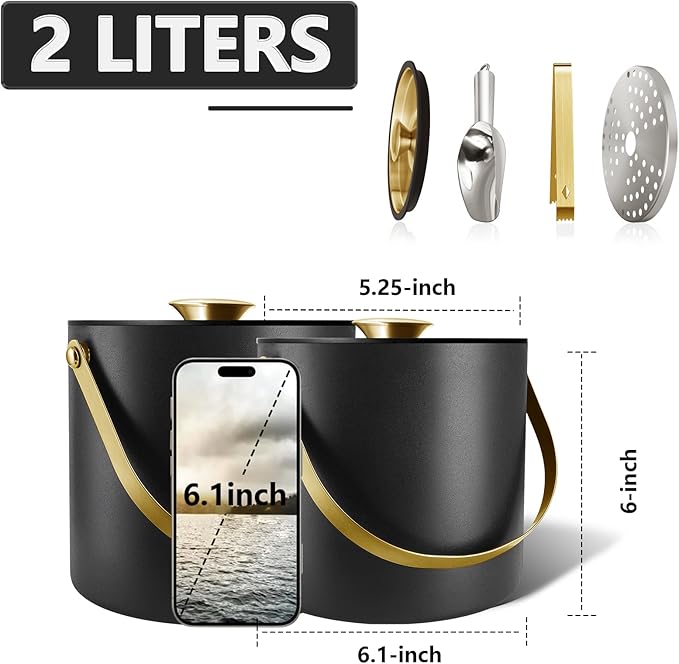2L Ice Bucket with Silicone Lid, Scoop, Gold Tongs & Strainer, Stainless Steel Double Wall Insulated Ice Buckets for Parties & Cocktail Bar Outdoor Champagne Ice Container Bin, Black-Ruum Studio Home