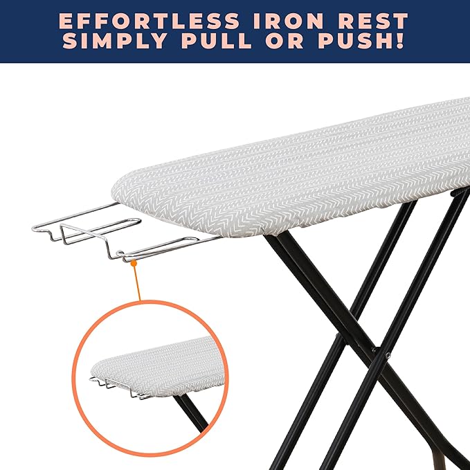 Ironing Board with Iron Rest, Iron Board with 3 Layers Extra Thick Cover, Compact and Space Saver Foldable Ironing Board, Adjustable Height, Easy Storage with Smart Hanger and Lightweight Design-Ruum Studio Home