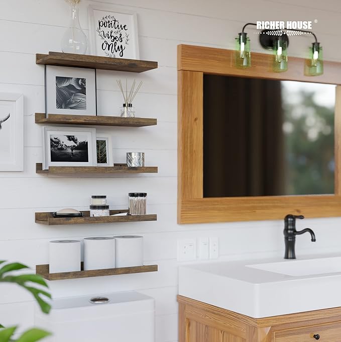 RICHER HOUSE 5 Set Floating Shelves for Wall Decor, Wall Mounted Book Shelf, Nursery Shelves Picture Ledge Shelf with Lip for Wall Storage, Bedroom, Living Room, Bathroom - Brown-Ruum Studio Home