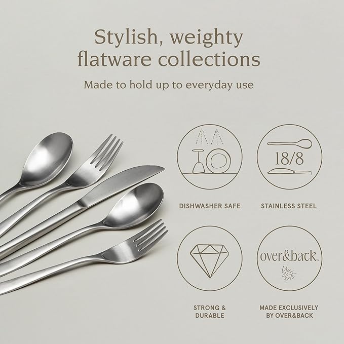 over&back 20pc Curved Flatware Cutlery Set - Comes with 4 Dinner Forks, 4 Salad Forks, 4 Dinner Knives, 4 Dinner Spoons, and 4 Teaspoons - 18/8 Stainless Steel - Dishwasher-Safe - Brushed Stainless-Ruum Studio Home