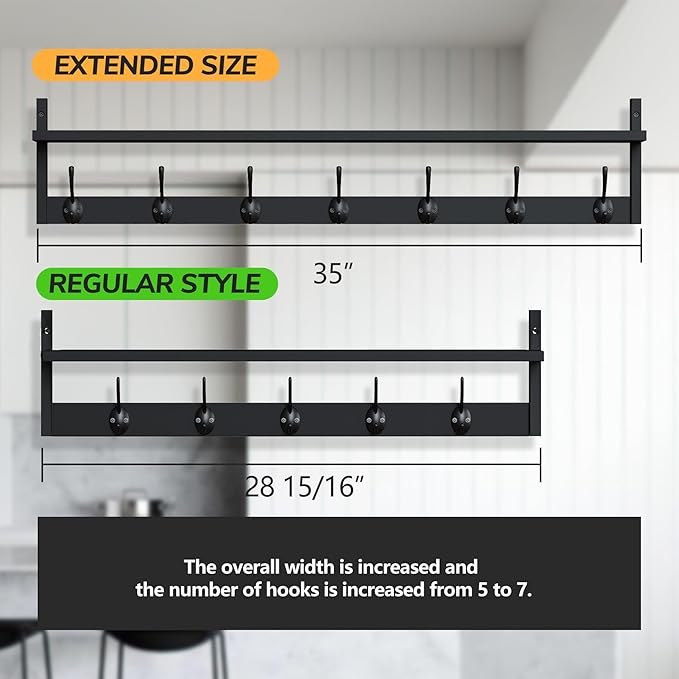 BAMEOS 35 Inch Wall Hooks With Shelf - Entryway Hanging Wood Coat Rack With 7 Dual Hooks for Bathroom, Living Room, Bedroom (Black)-Ruum Studio Home