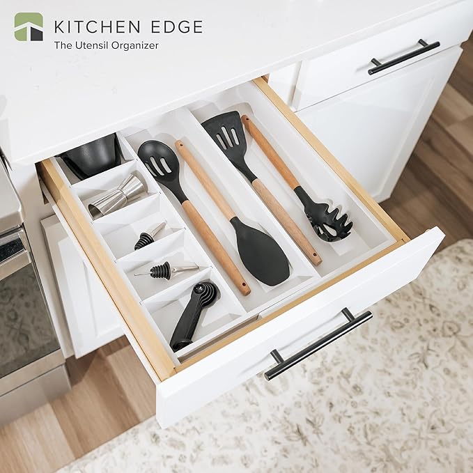Adjustable Kitchen Drawer Organizer for Utensils and Junk, Food-Safe Contract Grade with 100% Sustainable Wood, Expandable from 10.5 to 19 Inches Wide - White Bamboo-Ruum Studio Home