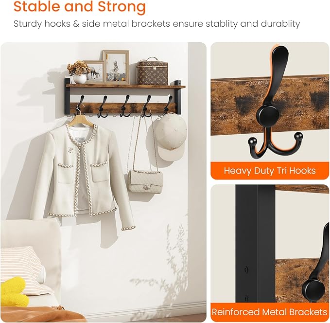 Homode Rustic Brown Wall Mount Coat Rack with Shelf and 5 Tri Hooks, Wood Coat Hangers for Hanging Hat, Towel, Purse, Jacket-Ruum Studio Home
