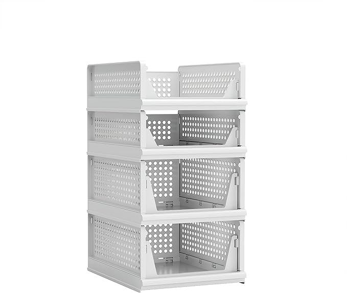 4 Pack Stackable Plastic Storage Basket Closet Organizer Bin Foldable Clothes Organizer Storage Drawer Shelf Container for Living Room Bathroom Kitchen Office (2L+2S)-Ruum Studio Home