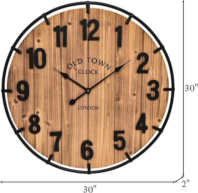 Large Old Town Farmhouse Wall Clock 30 Inches Rustic Antique Wood with Metal Circle and Large Numerals Silent Battery Operated Wall Clock for Office Kitchen Bedroom Living Room-Ruum Studio Home