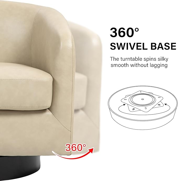 Swivel Barrel Accent Chair, Modern Round Faux Leather Arm Chair for Living Room, Bedroom, Comfy Club Reading Chairs for Adults, Faux Leather, Cream, Set of 1-Ruum Studio Home