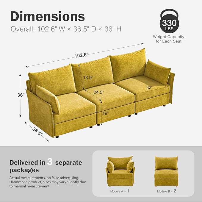 102.6" Modular Sectional Sofa, Oversized 3-Seater Couch with Removable Yellow Chenille Fabric Cover, Deep Seat & High Backrest for Living Room, Office & Apartment-Ruum Studio Home