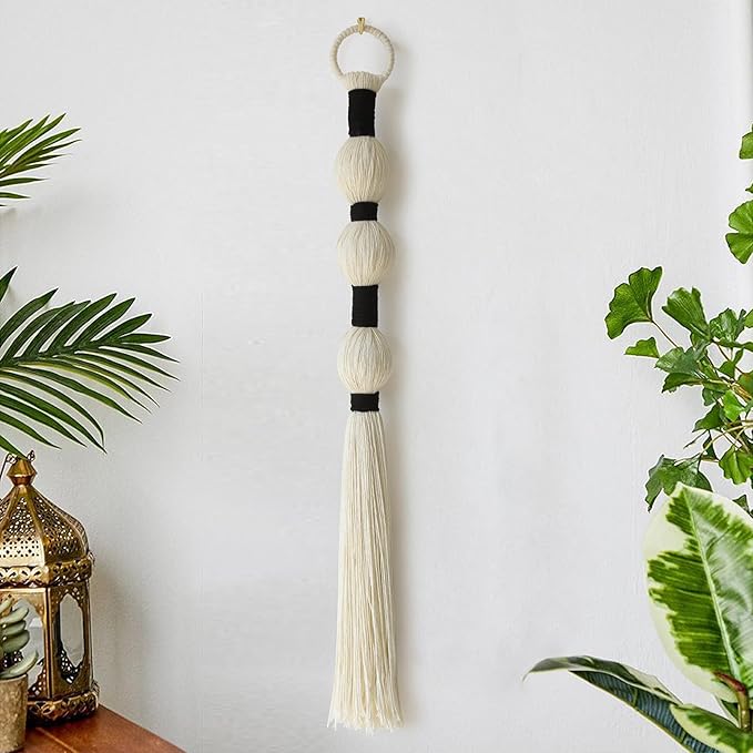 Macrame Wall Hanging Boho Wall Decor Small Sphericity Cotton Textile Tassel Hanging Fiber Yarn Art for Living Room Bedroom 27'' L x 2.3'' W-Ruum Studio Home