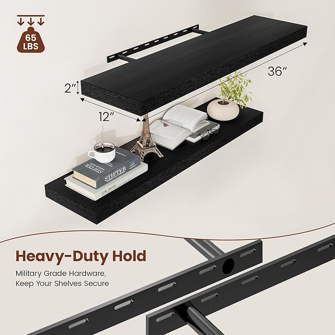 Black Floating Shelves for Wall 36 Inches Long, 12" Deep Wall Shelves 2" Thick, Heavy Duty Shelf for Bedroom, Bathroom, Living Room, Kitchen, Office, Home Decor, Modern Shelf Set of 2, 36" X 12" X 2"-Ruum Studio Home