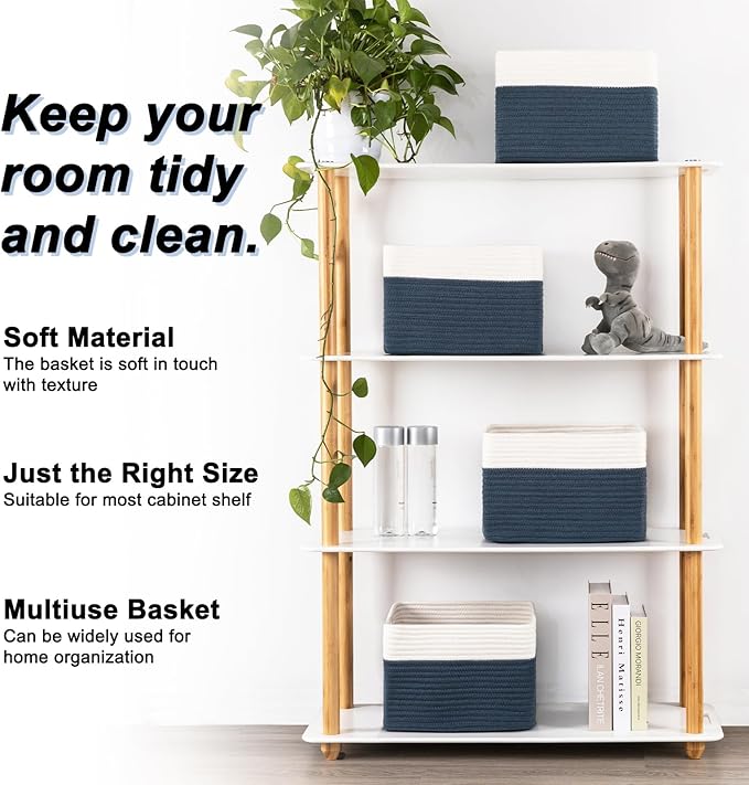 4 Pack Storage Baskets for Organizing, Woven Baskets for Shelves - Perfect for Toys, Books, Towels, and Clothes, Durable Gift Basket Bins Toy Storage, 12.7''L x9''W x7.8''H, Blue and White-Ruum Studio Home
