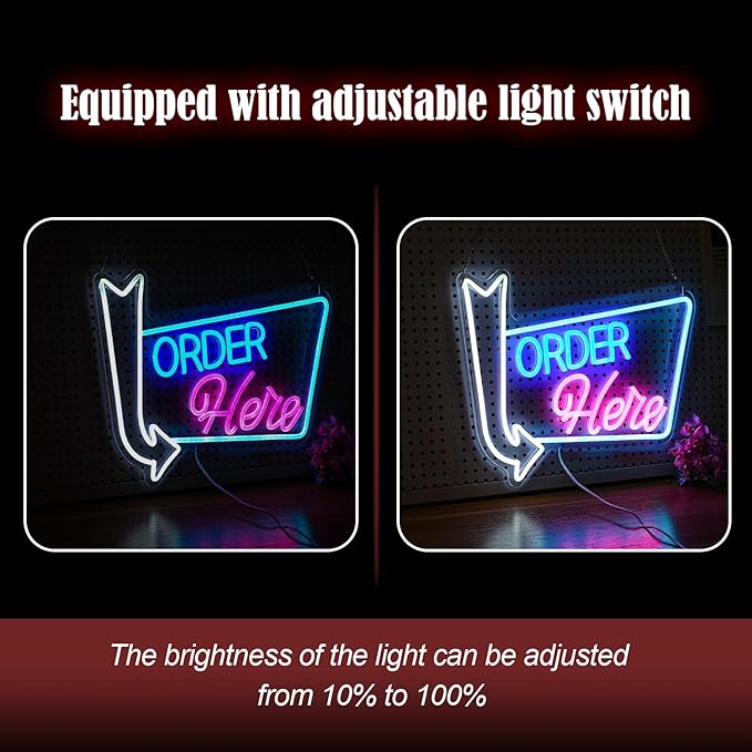 Order Here Neon Sign Led letters Sign Dimmable Order Neon Light for Wall Decor Larger Order Here Light Up Sign for Restaurant Shop Bar Business Neon Decor(16.1 * 12.6 In)-Ruum Studio Home