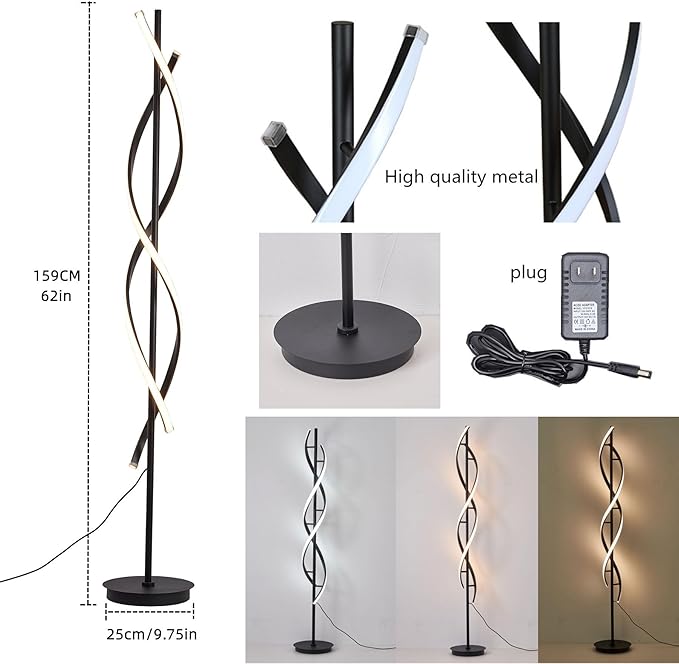 Unique Spiral Floor Lamp 3 Color Dimmable with Remote Standing Floor Lamp, Modern Creative Tall Lamp Control for Living Room Bedroom and Office Black-Ruum Studio Home