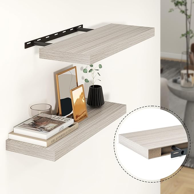 Heimlove 24 inch Floating Shelves for Wall,9.3 inch deep Grey Bathroom Over Toilet Shelf,Wall Mounted Rustic Wood Shelves for Bedroom,Living Room,Kitchen,Office Decor Set of 2-Grey-Ruum Studio Home