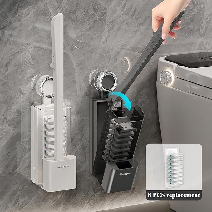 Disposable Toilet Brush with Replaceable Heads, Wall-Mounted Holder, Hygienic Bathroom Cleaning Tool (32 Refills)-Ruum Studio Home