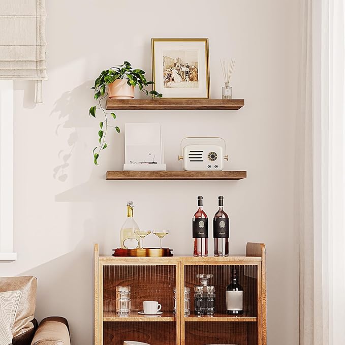 HOOBRO Floating Shelves for Wall, Wall Mounted Shelf Set of 2, 31.5" Hanging Shelf with Invisible Brackets, for Wall in Bathroom, Bedroom, Toilet, Kitchen, Living Room, Office, Rustic Brown BF80BJP201-Ruum Studio Home