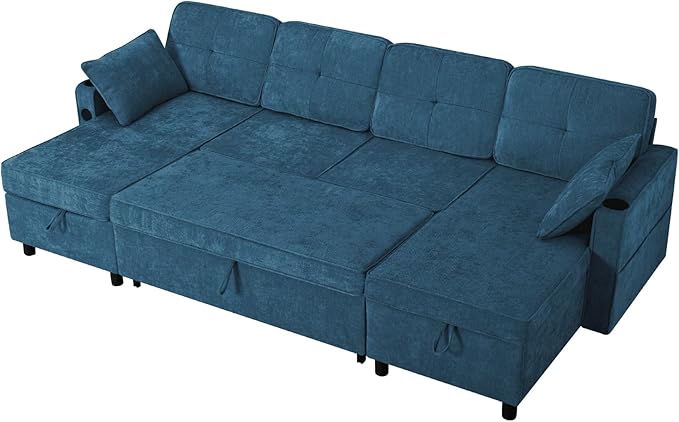 110 Inches Chenille Sectional Sofa w/Pull Out Sofa Bed & Adjustable Back, Tufted U Shaped Couch w/Two Storage Chaises, Sleeper Sectional Sofa w/USB Port & Cup Holders for Living Room, Blue-Ruum Studio Home