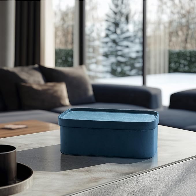 La Jolie Maison Velvet Storage Baskets with Lids, Sturdy Stackable Cardboard Boxes with Decorative Trays, Organizer Bins for Bathroom Bedroom Organizing, Prussian Blue, Set of 3-Ruum Studio Home