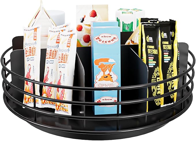 Snack Organizer - Versatile Snack Storage, Lazy Susan with Convenient Grab-and-Go Design, Metal Snack Holder for Home, Office, Breakroom, 11.85" L x 11.85" W x 4.17" H (Matte Black)-Ruum Studio Home