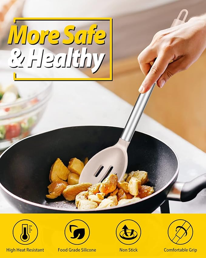 Pack of 2 Large Silicone Cooking Spoons,Non Stick Solid Basting Spoon,Heat-Resistant Kitchen Utensils for Mixing,Serving,Draining,Stirring (STAINLESS STEEL KHAKI)-Ruum Studio Home