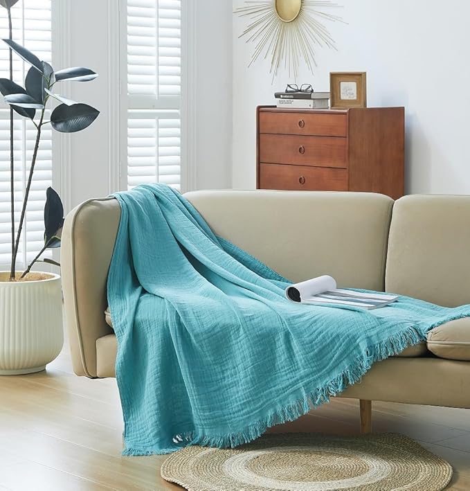100% Cotton Muslin Throw Blanket for Bed, Couch, Small, Decorative, Soft, Pre-Washed, Breathable and Lightweight Gauze Blanket with Fringes, Suitable for All Seasons, Teal, 50"x60"-Ruum Studio Home