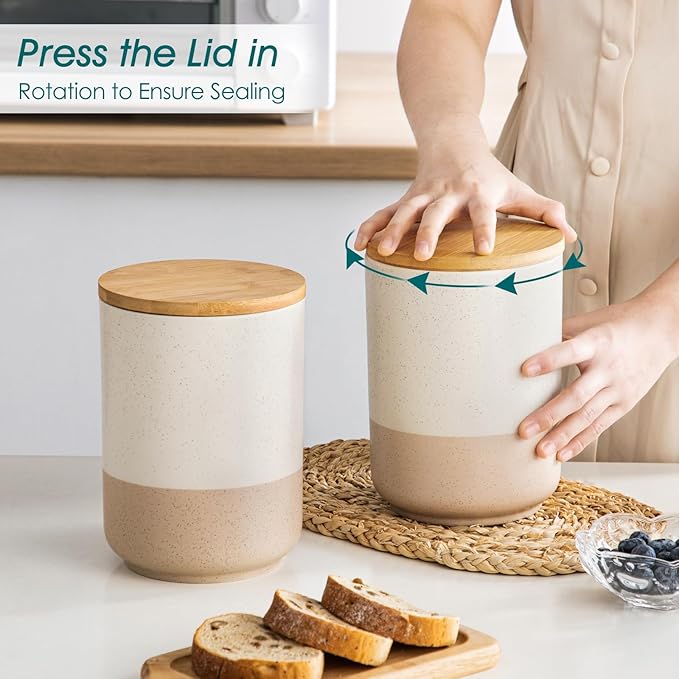 vancasso Sabine Large Ceramic Canister Set with Airtight Wood Lids - 2-Piece Kitchen Food Storage Jars for Flour, Sugar, Coffee & Tea (74 oz Each) - Big Capacity Countertop Jars-Ruum Studio Home