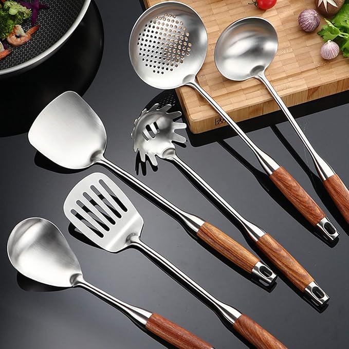 Cooking Utensils Set,7pcs 304 Stainless Steel Kitchen Utensils Set with Holder,Heat Resistant Wooden Handle Kitchen Tools-Ruum Studio Home