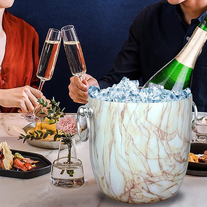 Ice Bucket with Lid, Scoop, Tongs and Strainer - Well Made Insulated Stainless Steel Keep Ice Frozen Longer - Ideal for Cocktail Bar, Parties, Chilling Wine, Champagne - 3 Liter (CarraraMarble)-Ruum Studio Home