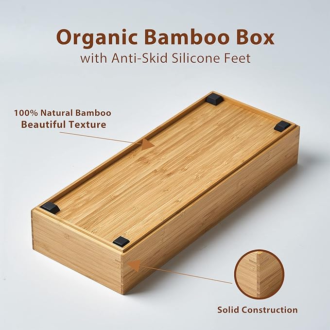 Umilife Bamboo Kitchen Drawer Organizer Boxes with Anti-Skid Silicone Feet, 2pcs Stackable Storage Bins for Kitchen Utensils & Silverware & Desk Drawer & Makeup, Tools Holder, 15”L x 6”W x 2.5”D Each-Ruum Studio Home