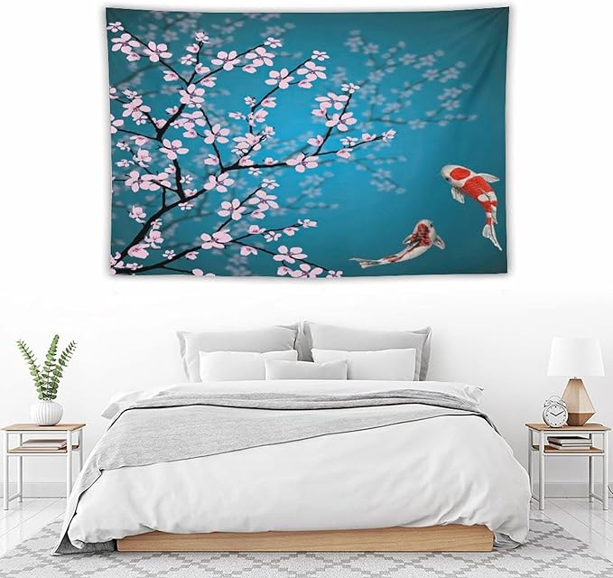 Houselerax Japanese Koi Fish Tapestry, Cherry Blossoms Asian Oriental Green Teal Flower Branch Koi Fish Carp Tapestries Wall Hanging for Bedroom Living Room Office Decor 90"x60"-Ruum Studio Home