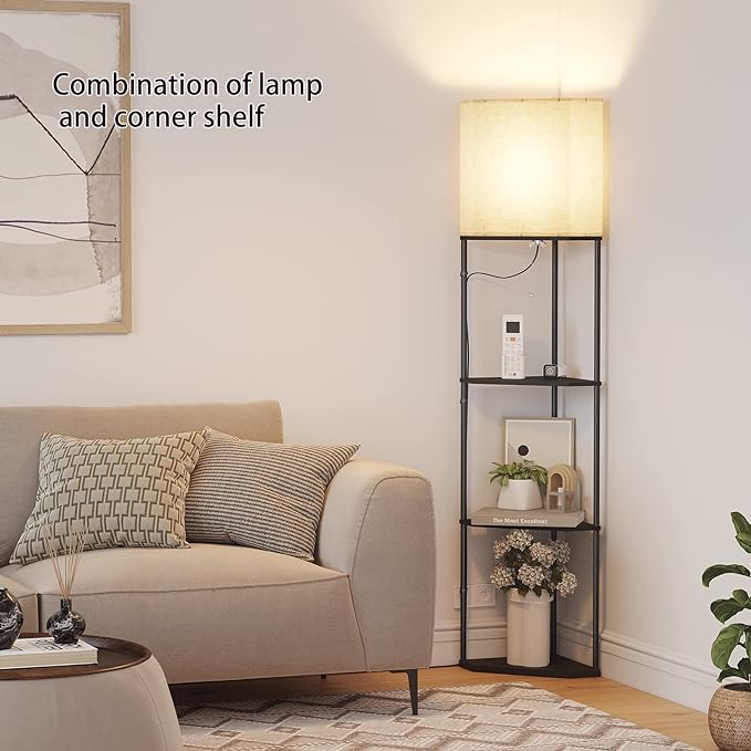 SUNMORY Sector Corner Shelf Lamp 3 Color Temperatures LED Bulb,Corner Lamps with Linen Lampshade, Floor Lamps for Living Room, Bedroom, Study, Black Standing Lamp with Shelves-Ruum Studio Home