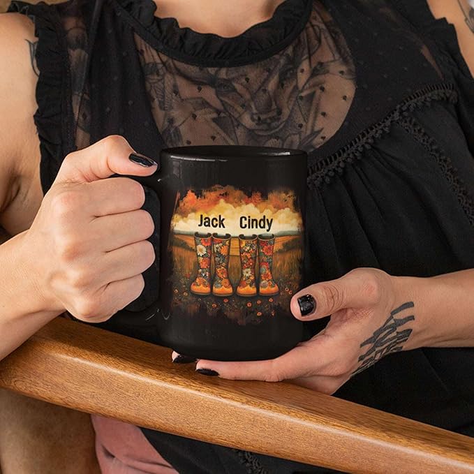 Custom Couple Mug with Floral Boots Design, Personalized Name Coffee Mug 11oz 15oz, Fall Inspired Ceramic Coffee Cup, Custom Autumn Scene Black Cup, Gifts for Boyfriend, Girlfriend-Ruum Studio Home