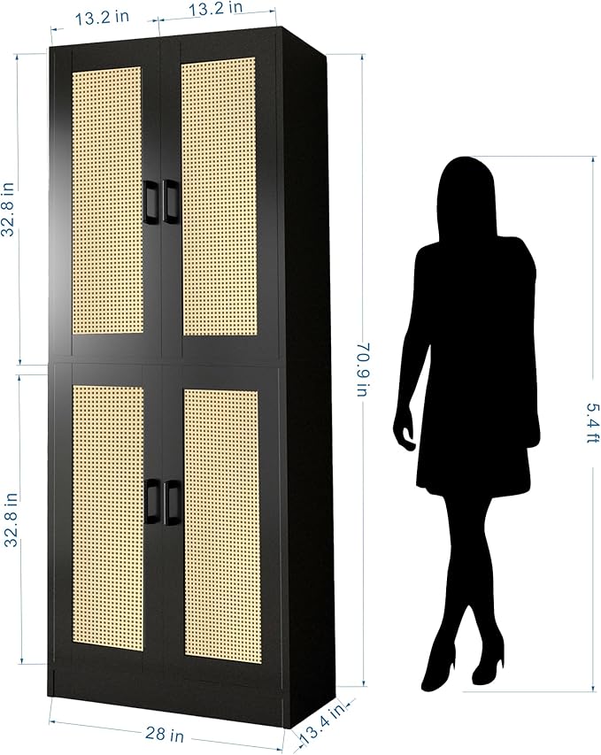 Black Rattan Kitchen Pantry, 71" Tall Storage Cabinet with Doors, Boho Hutch for Dining Room-Ruum Studio Home