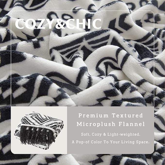 CASAAGUSTO Boho Throw Blanket - Black and White Decorative Blankets with Tassel, Printed Flannel Bohemian Blanket for Chair, Bed, Sofa, Couch(50 * 60, Black and White)-Ruum Studio Home