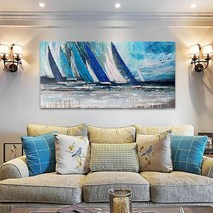 Arjun Blue Abstract Wall Art Canvas Teal Ocean Sailboat Picture Modern Turquoise Coastal Nautical Painting Large 40"x20" Framed Textured Artwork for Living Room Bedroom Bathroom Home Office Wall Decor-Ruum Studio Home