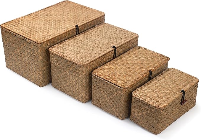 Wicker Basket with Lid, Seagrass Storage Basket, Woven Baskets for Storage, Decorative Storage Baskets for Shelf Organizing, Natural-Ruum Studio Home