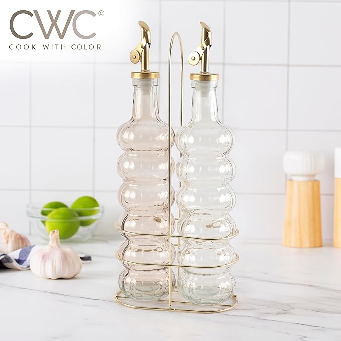 COOK WITH COLOR Glass Olive Oil Bottle Dispenser - 2 Pack- 17oz Oil and Vinegar Cruet - Olive Oil Carafe Decanter for Kitchen-Ruum Studio Home