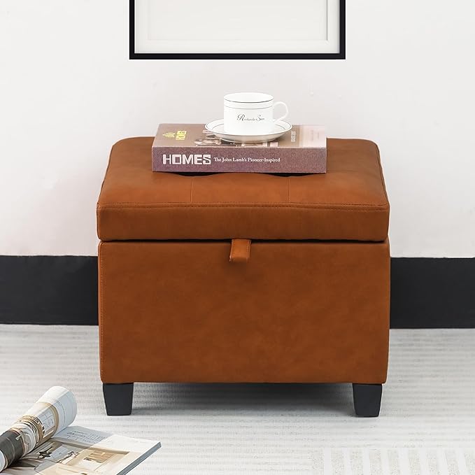 Adeco 17.5" Faux Leather Storage Ottoman with Hinged Lid, 14 Inch High Square Cube Foot Stool with Storage, Upholstered Vanity Stool with Solid Wood Legs for Living Room, Bedroom, Dorm (Warm Orange)-Ruum Studio Home