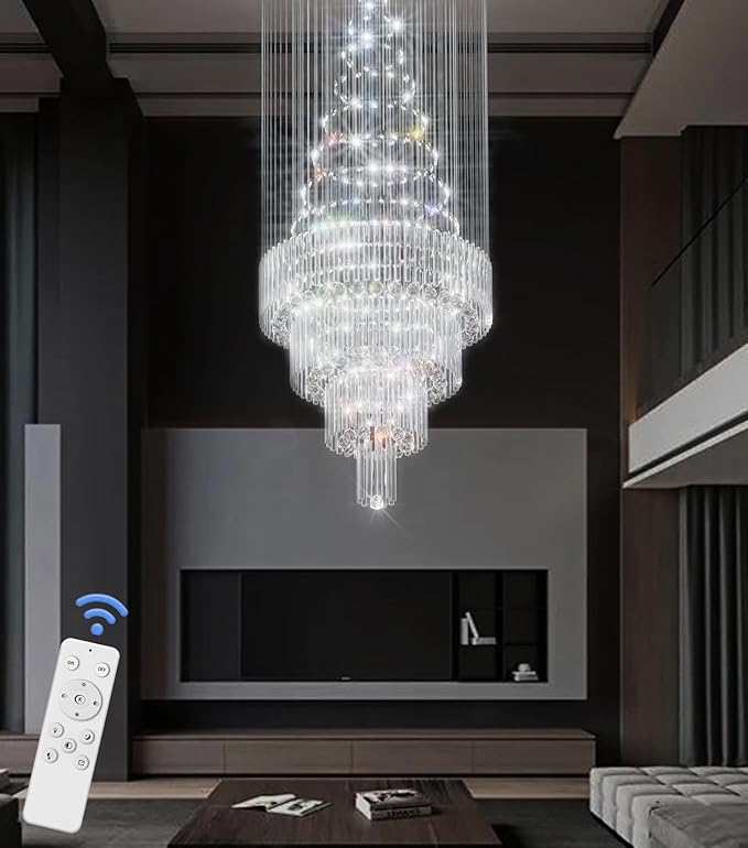 D32''X H100'' Large Crystal Chandelier Lighting, Modern LED Round Raindrop Flush Mount Ceiling Light Fixture for Hotel Staircase Hallway Modern Crystal Chandelier Suitable for Sloping Ceiling-Ruum Studio Home