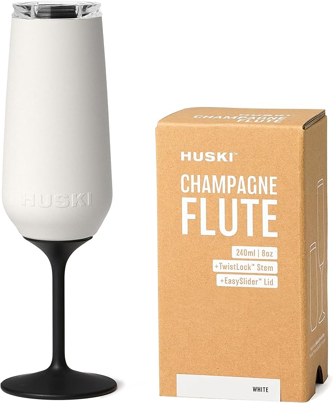 Huski Champagne Flute | NEW | Award-winning Design with Detachable Stem | Premium Stainless Steel Champagne Glass with Lid | Triple Insulated Tumbler | 8oz Capacity | Great Gift (White)-Ruum Studio Home