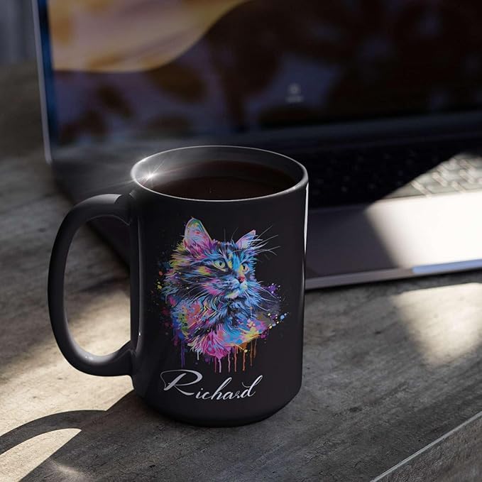 Customized Cat Ceramic Mug, Gift For Cat Pet Owner, Personalized Cat Lover Coffee Cup, Colorful Cat Design Mug For Birthday, Custom Name Cat Animal Black Cup, Unique Cat Mug 11oz 15oz-Ruum Studio Home
