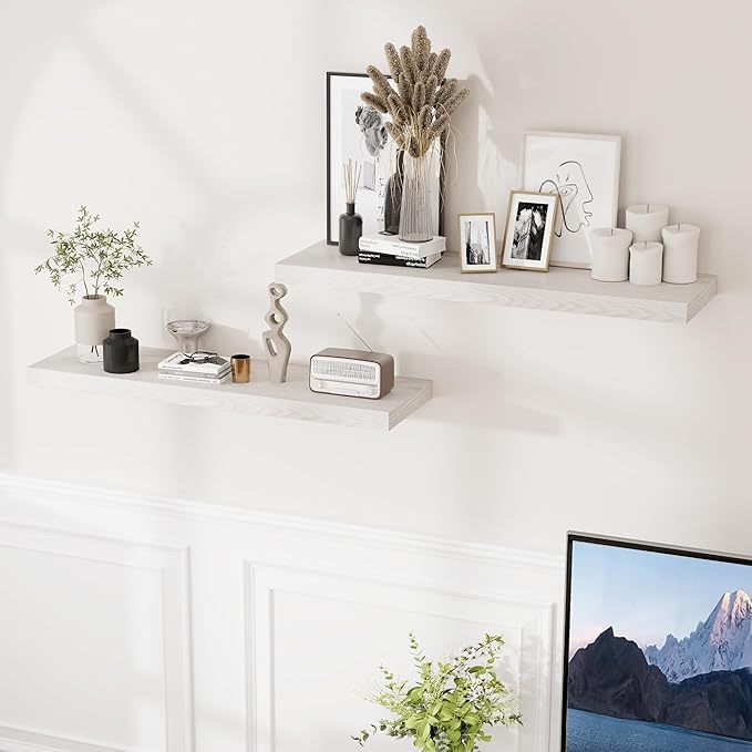 Fun Memories Rustic Wood Floating Shelves for Wall, 36 x 9 Wall Shelves Set of 2, Deep Floating Shelf for Kitchen, Living Room Storage & Display, Deep Wooden Bookshelf, Brich Color-Ruum Studio Home