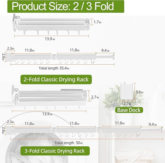 Foldable Clothes Drying Rack, 2 Fold Laundry Drying Rack Wall Mount, [No Drilling] Folding & Durable Space Saver for Laundry, Balcony, Bathroom, Patio, Dormitory, Apartment-White-Ruum Studio Home
