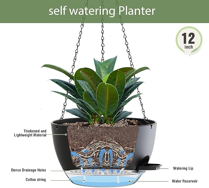 12 Inch Hanging Baskets 2 PC with Chains, Self-Watering Hanging Planters for Indoor Outdoor Plants, Plastic Hanging Flower Pots,Black-Ruum Studio Home