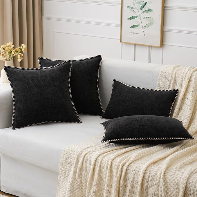 MIULEE Pack of 2 Couch Throw Pillow Covers 16x16 Inch Black Farmhouse Decorative Pillow Covers with Stitched Edge Soft Chenille Solid Dyed Spring Pillow Covers for Sofa Bed Living Room-Ruum Studio Home