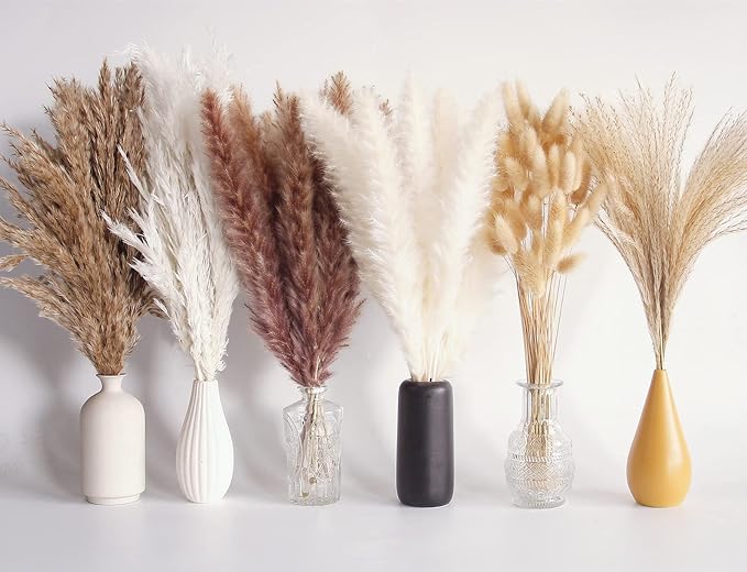110 PCS Dried Pampas Grass Bouquet, Boho Table Decor, Bunny Tails Dried Flowers, Brown Pompas, White Pampas Grass for Wedding, Home, Rustic Party, Baby Shower Decorations-Ruum Studio Home
