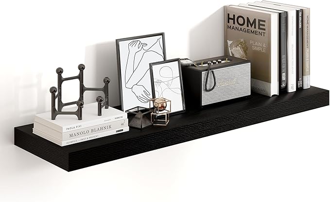 Heimlove 36 Inch Black Floating Shelves for Wall,10 Inch Deep Wood Shelves with Invisible Brackets,Wall Mounted Storage & Display Shelves for Bedroom,Living Room,Kitchen,Office-Ruum Studio Home