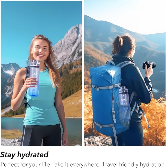 32oz Motivational Water Bottles with Time Marker & Fruit Strainer, Transparent Gradient Color Water Bottle with Times to Drink, Leakproof & BPA Free, Reusable Bottle with Strap (No Straw)-Ruum Studio Home