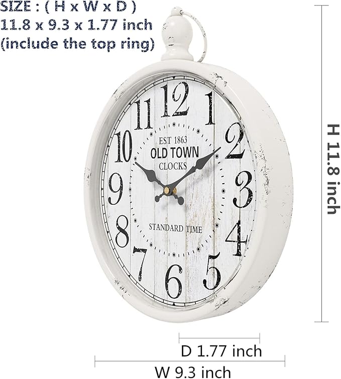 Menterry Retro Round Wall Clock. White Vintage Antique Style. Battery Operated Silent Wall Clocks for Farmhouse,Bathroom,Kitchen,Bedroom,Office, (11.8" H x 9.3" W)-Ruum Studio Home